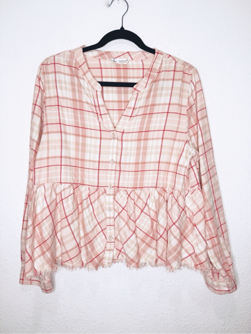 Carve Designs Plaid Peplum Button Up Pink Top Organic Cotton